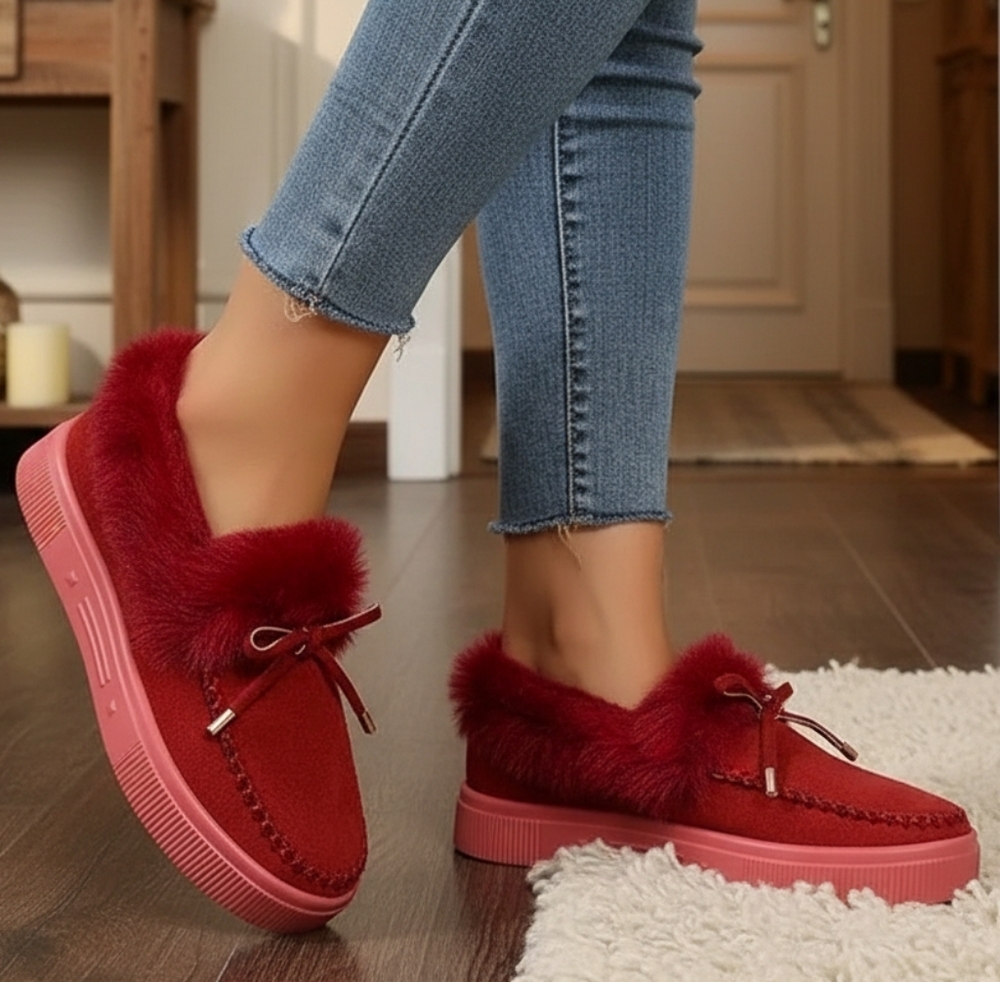 Bow Top Plush Faux Fur Loafers Slip-On Moccasin Soft Flat Outdoor House Shoes